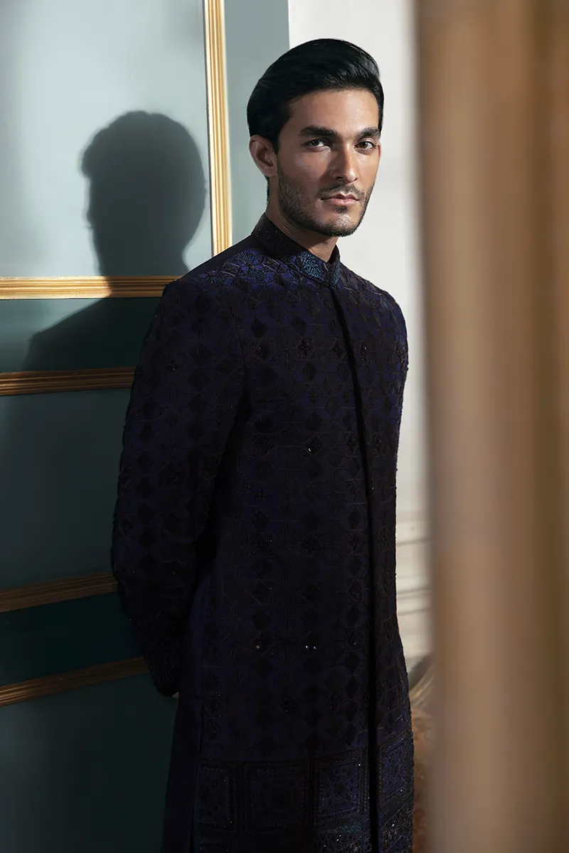 Pakistani Groom Dress in Jamawar Blue Sherwani Style