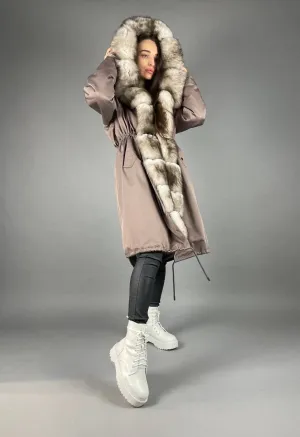 Parka Baltic Classic Cappuccino with beigie Artic fur and lining Rex rabbit fur for women 110 cm
