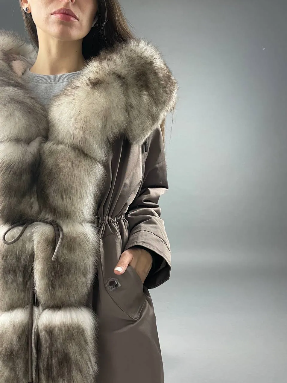 Parka Baltic Classic Cappuccino with beigie Artic fur and lining Rex rabbit fur for women 110 cm
