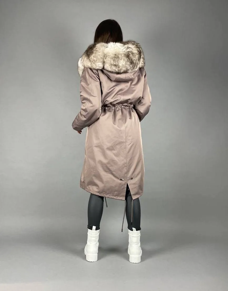 Parka Baltic Classic Cappuccino with beigie Artic fur and lining Rex rabbit fur for women 110 cm