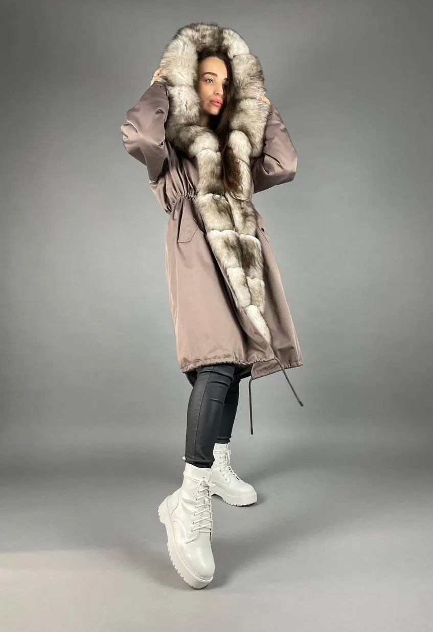 Parka Baltic Classic Cappuccino with beigie Artic fur and lining Rex rabbit fur for women 110 cm