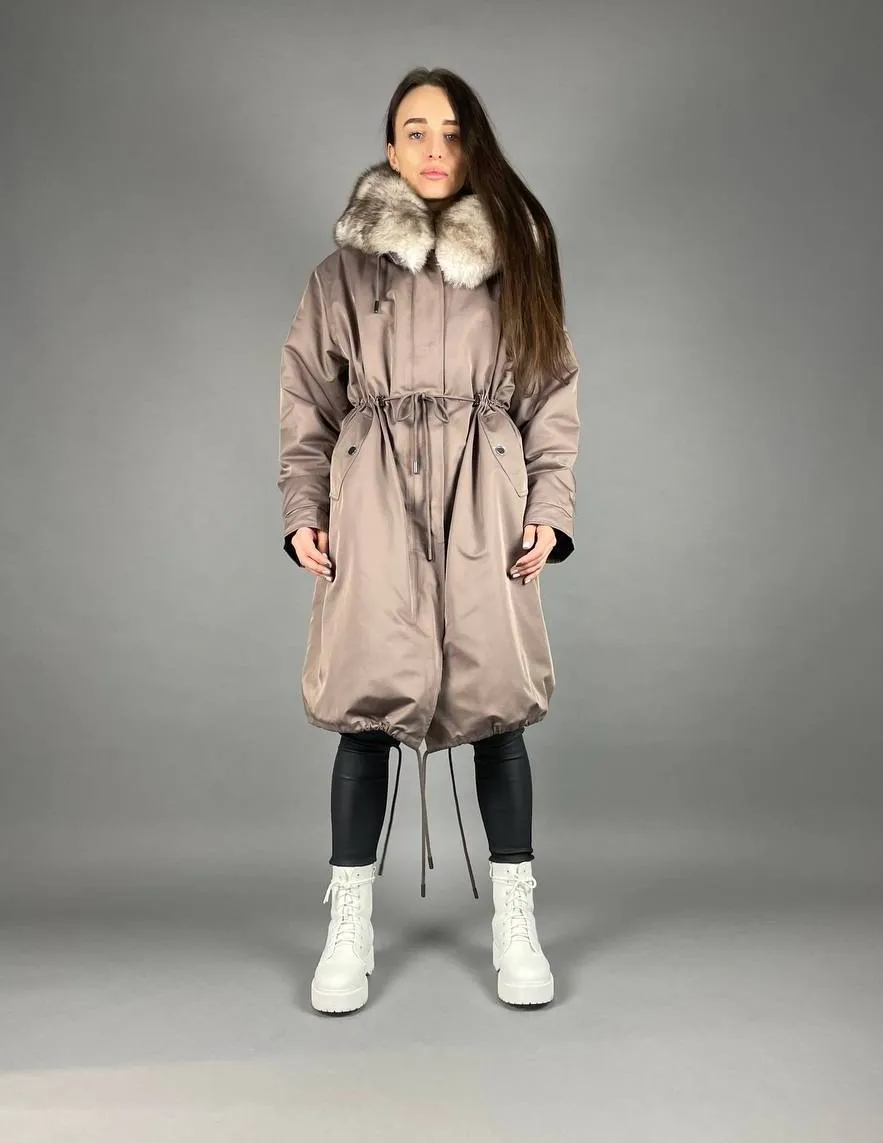 Parka Baltic Classic Cappuccino with beigie Artic fur and lining Rex rabbit fur for women 110 cm