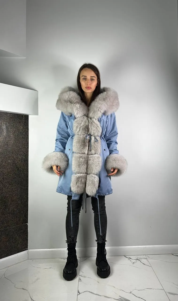 Parka Baltic Classic Light blue with Grey Artic fur and lining Rex rabbit fur for women 95 cm