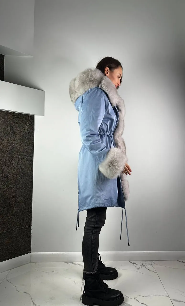 Parka Baltic Classic Light blue with Grey Artic fur and lining Rex rabbit fur for women 95 cm