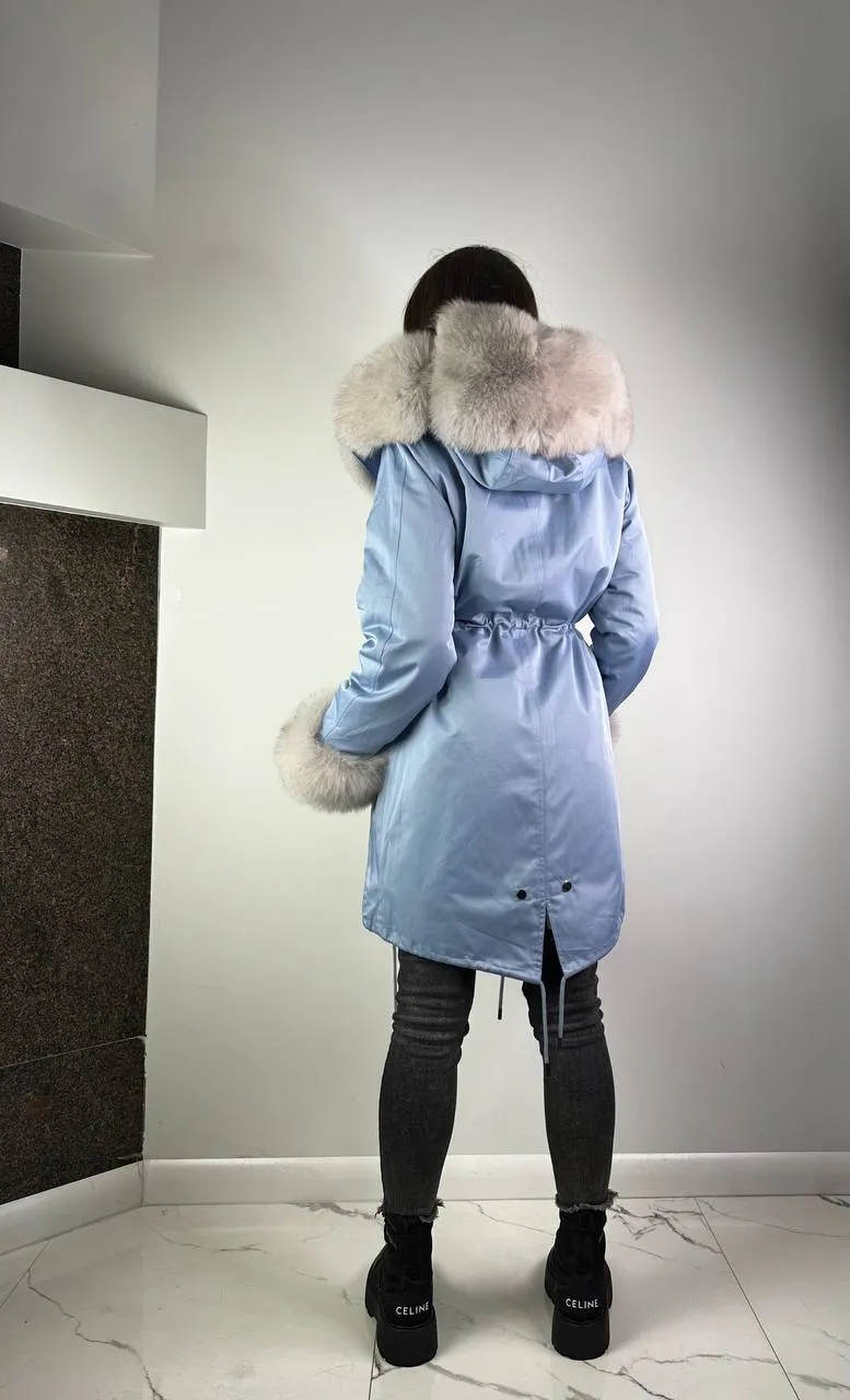 Parka Baltic Classic Light blue with Grey Artic fur and lining Rex rabbit fur for women 95 cm