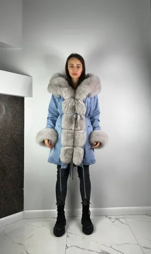 Parka Baltic Classic Light blue with Grey Artic fur and lining Rex rabbit fur for women 95 cm