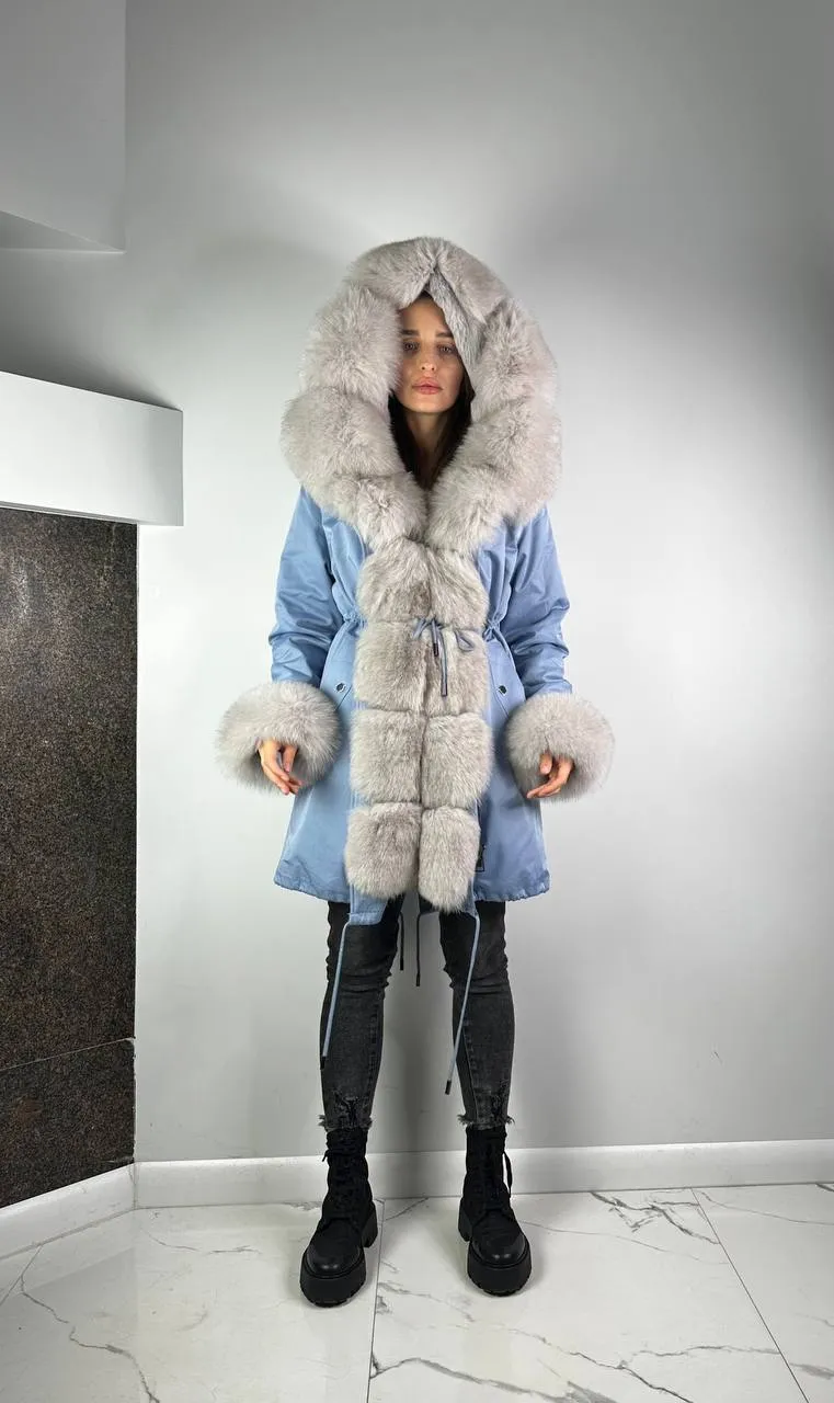 Parka Baltic Classic Light blue with Grey Artic fur and lining Rex rabbit fur for women 95 cm