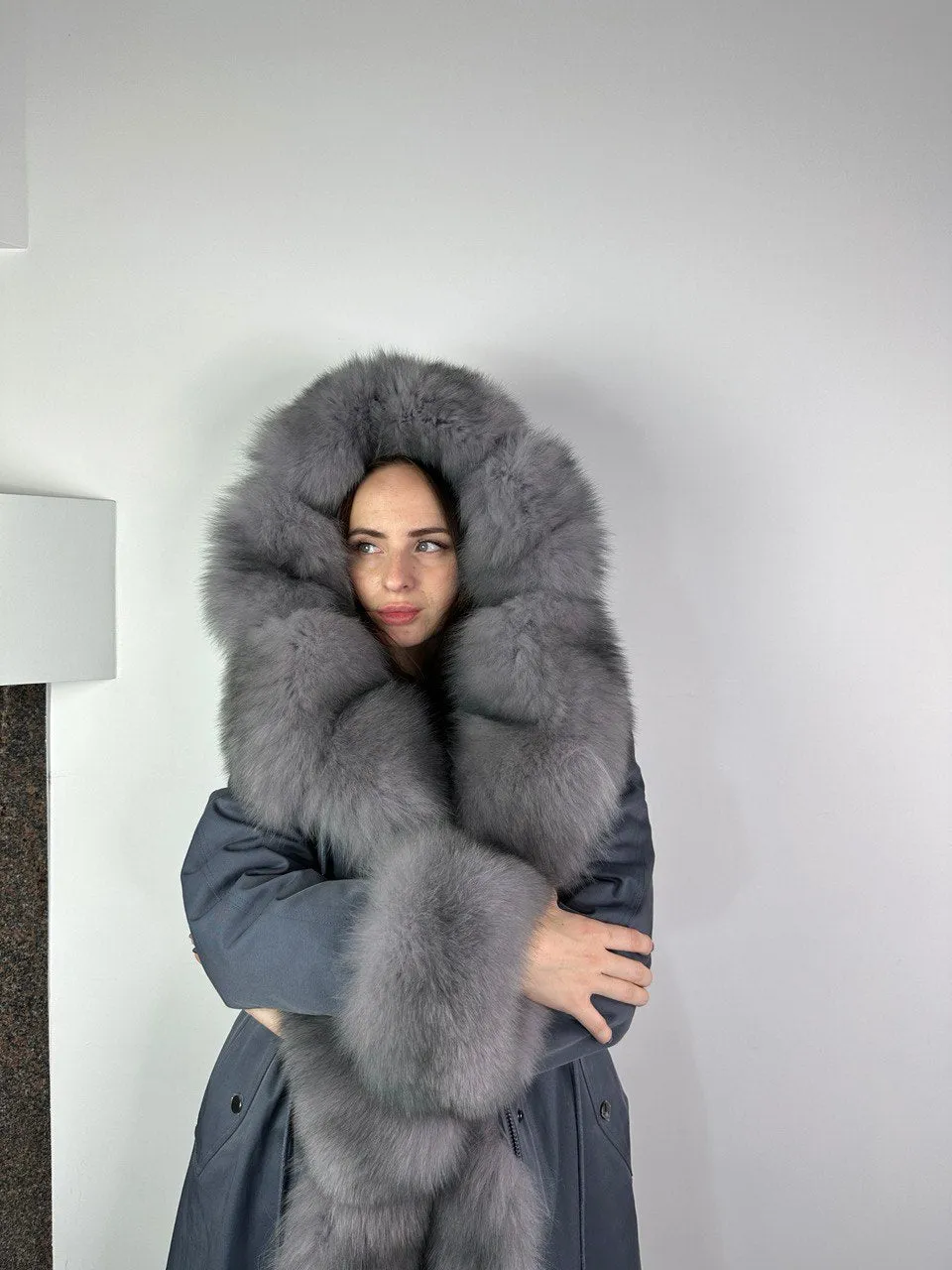 Parka Baltic Classic Light blue with Light graphite Artic fur and Rex rabbit fur for women 105 cm