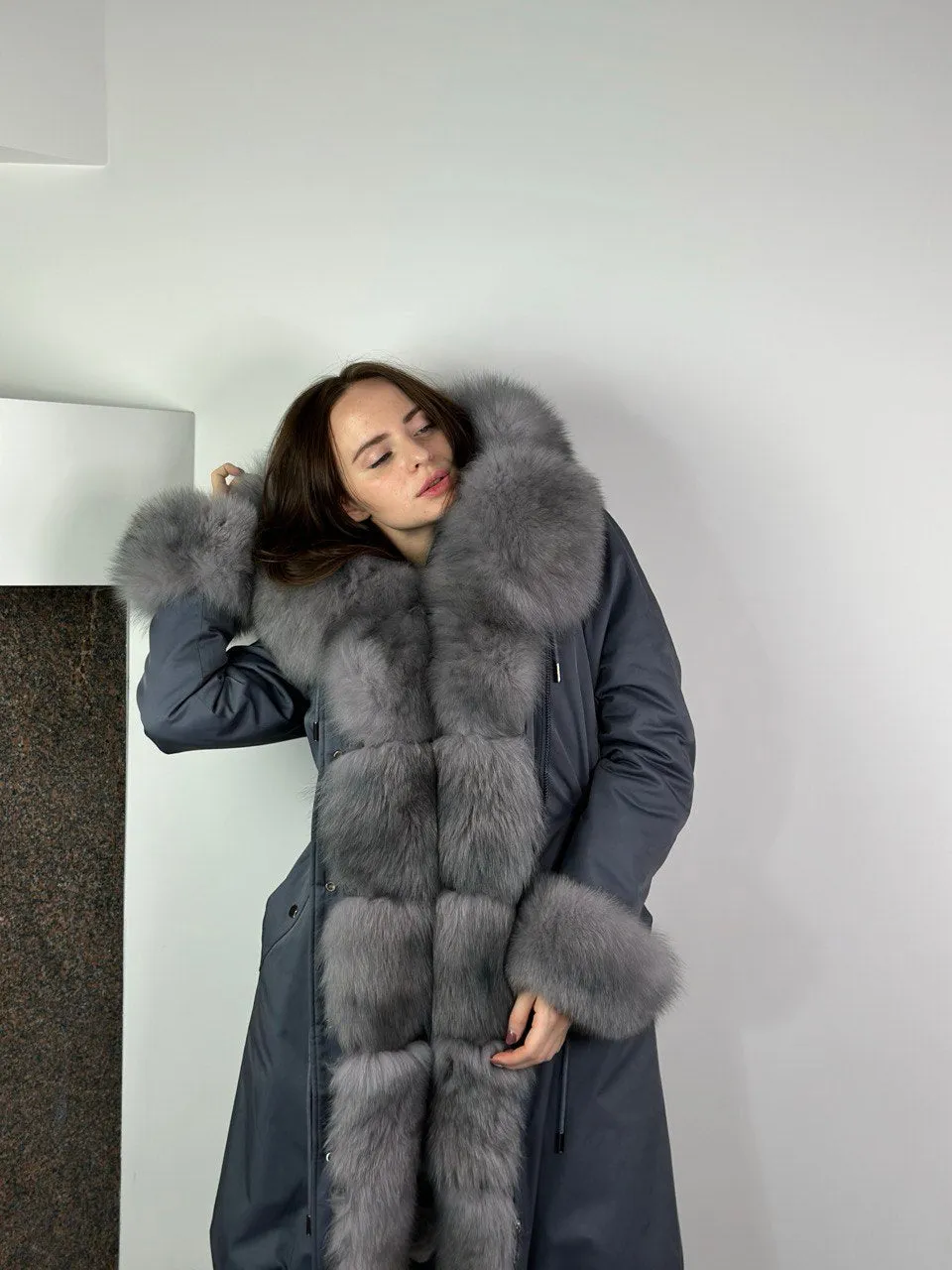 Parka Baltic Classic Light blue with Light graphite Artic fur and Rex rabbit fur for women 105 cm