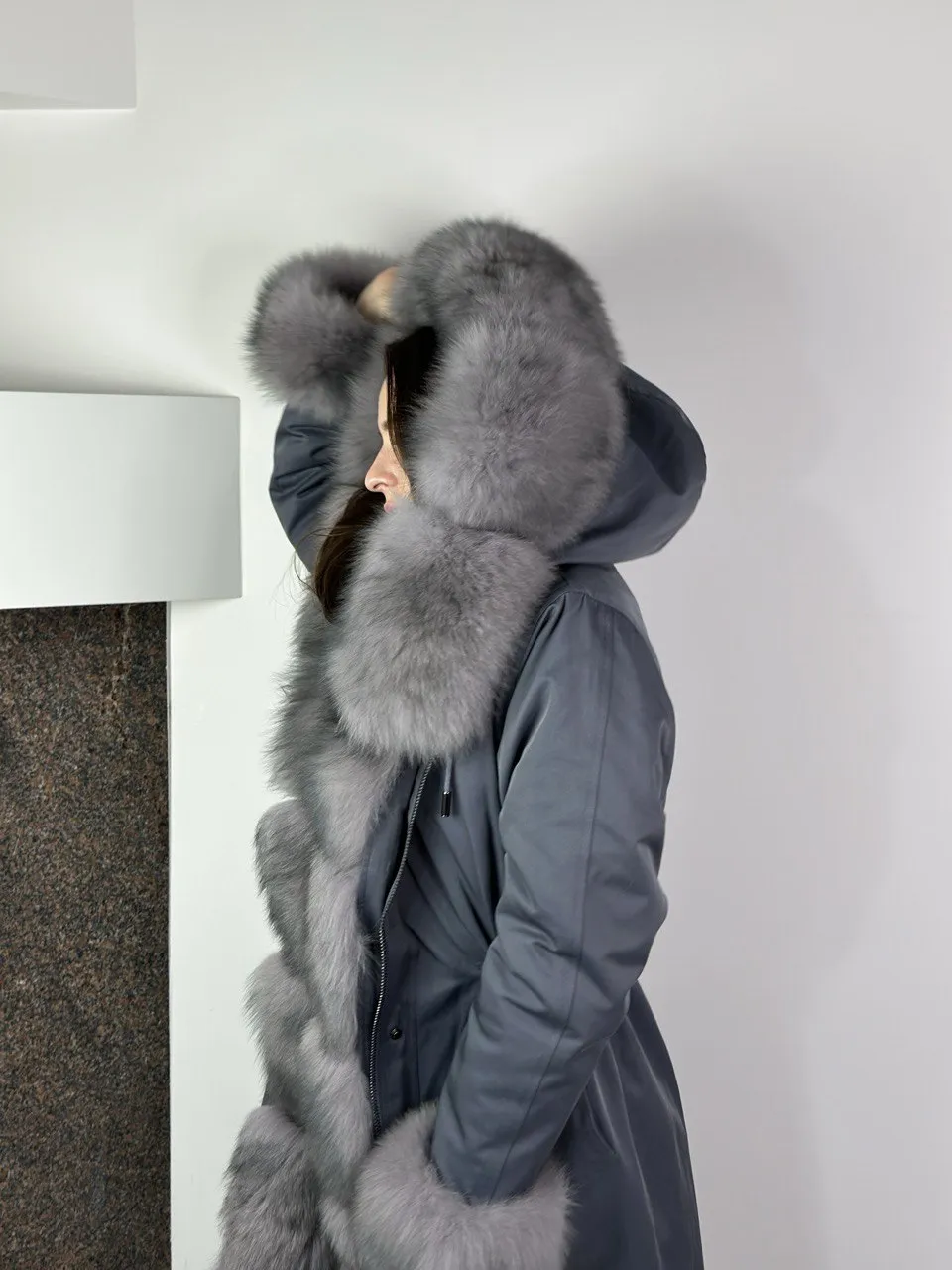 Parka Baltic Classic Light blue with Light graphite Artic fur and Rex rabbit fur for women 105 cm