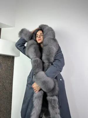 Parka Baltic Classic Light blue with Light graphite Artic fur and Rex rabbit fur for women 105 cm
