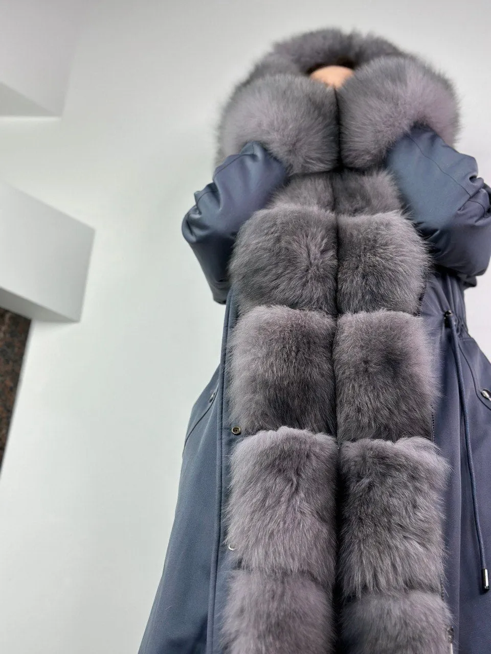 Parka Baltic Classic Light blue with Light graphite Artic fur and Rex rabbit fur for women 105 cm