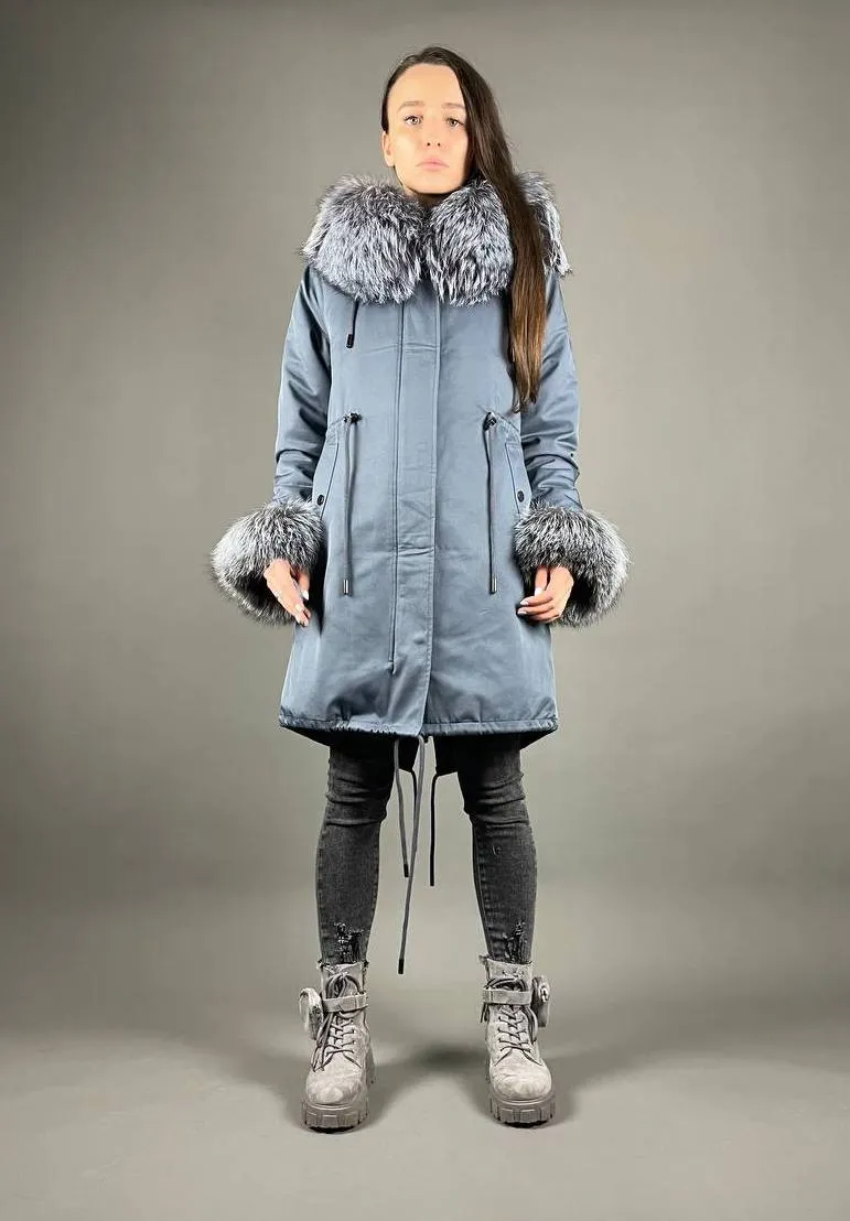 Parka Baltic Classic Light blue with Silver fox fur and lining Rex rabbit fur for women 105 cm