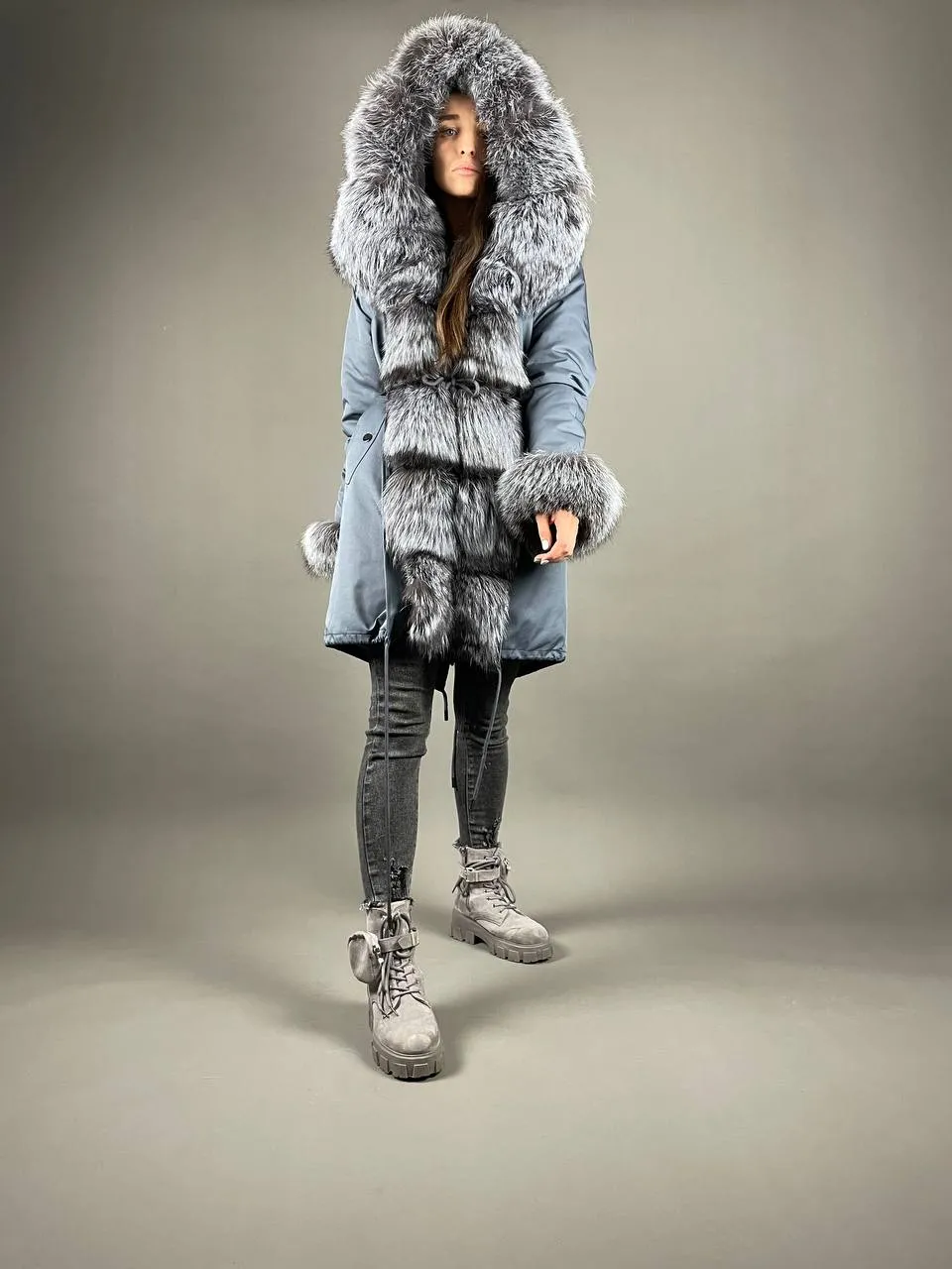 Parka Baltic Classic Light blue with Silver fox fur and lining Rex rabbit fur for women 105 cm