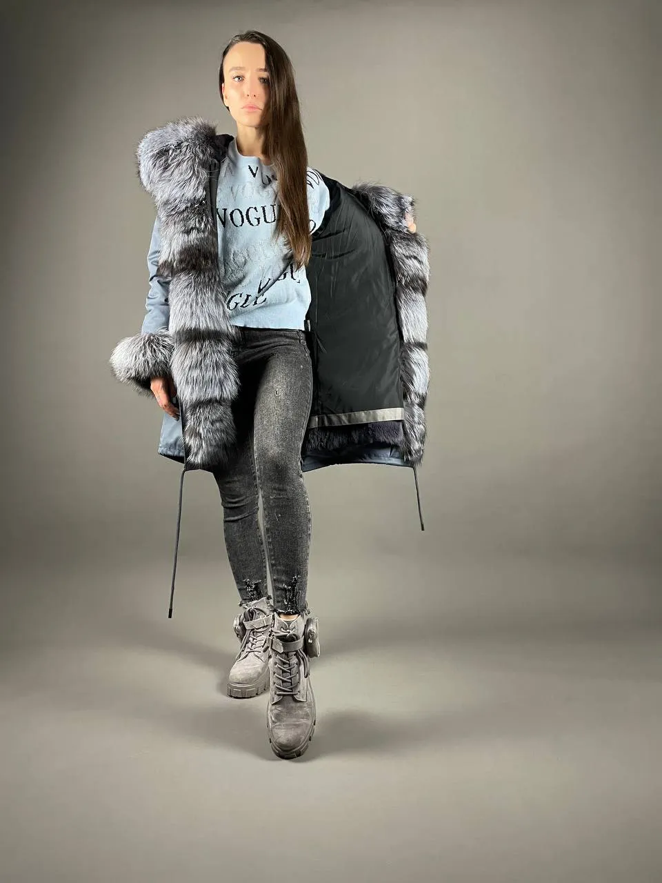 Parka Baltic Classic Light blue with Silver fox fur and lining Rex rabbit fur for women 105 cm