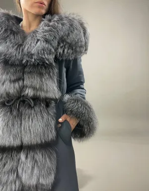 Parka Baltic Classic Light blue with Silver fox fur and lining Rex rabbit fur for women 105 cm