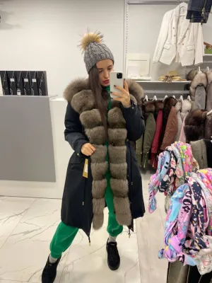 PARKA LUX Dark blue (123) with Light brown fur (M51) / Rex for women 103 cm