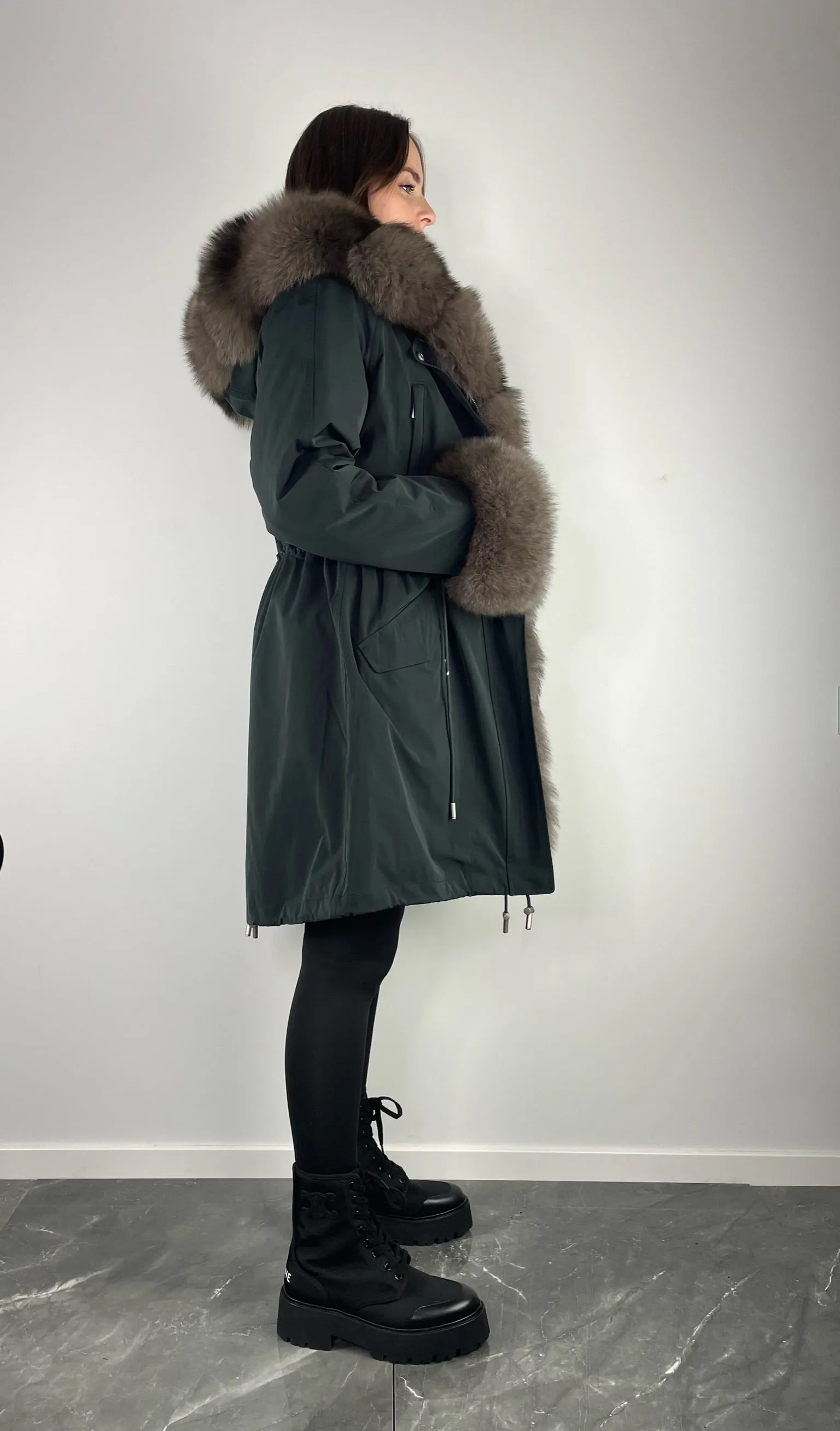 PARKA LUX Graphite color (BF14) / Light brown fox fur (M51) / Rex for women 95 cm