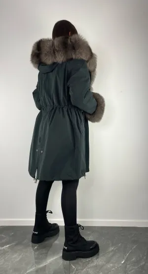 PARKA LUX Graphite color (BF14) / Light brown fox fur (M51) / Rex for women 95 cm