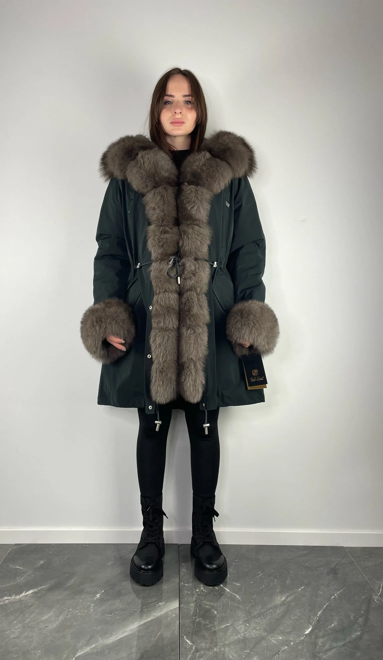 PARKA LUX Graphite color (BF14) / Light brown fox fur (M51) / Rex for women 95 cm