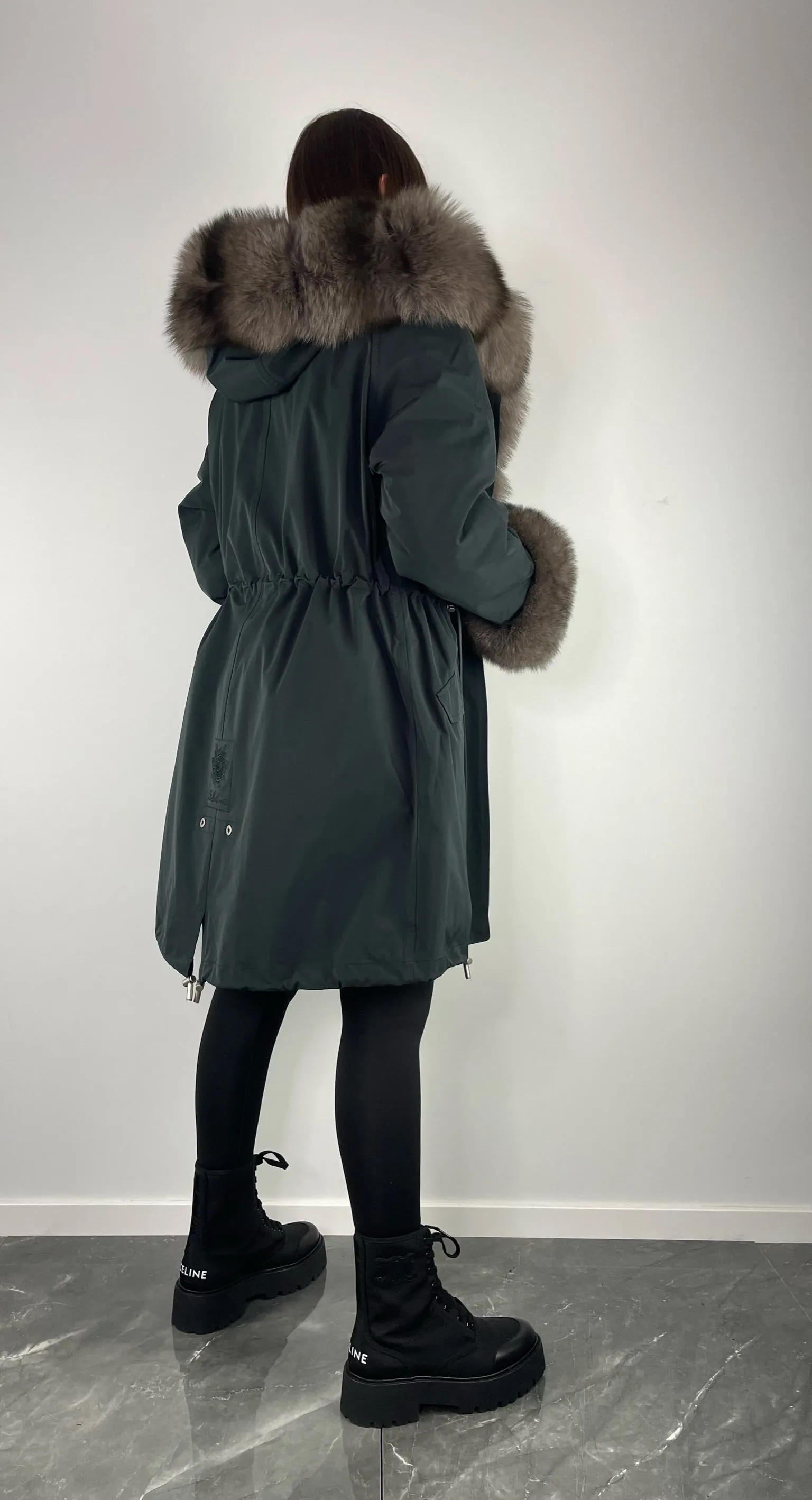 PARKA LUX Graphite color (BF14) / Light brown fox fur (M51) / Rex for women 95 cm