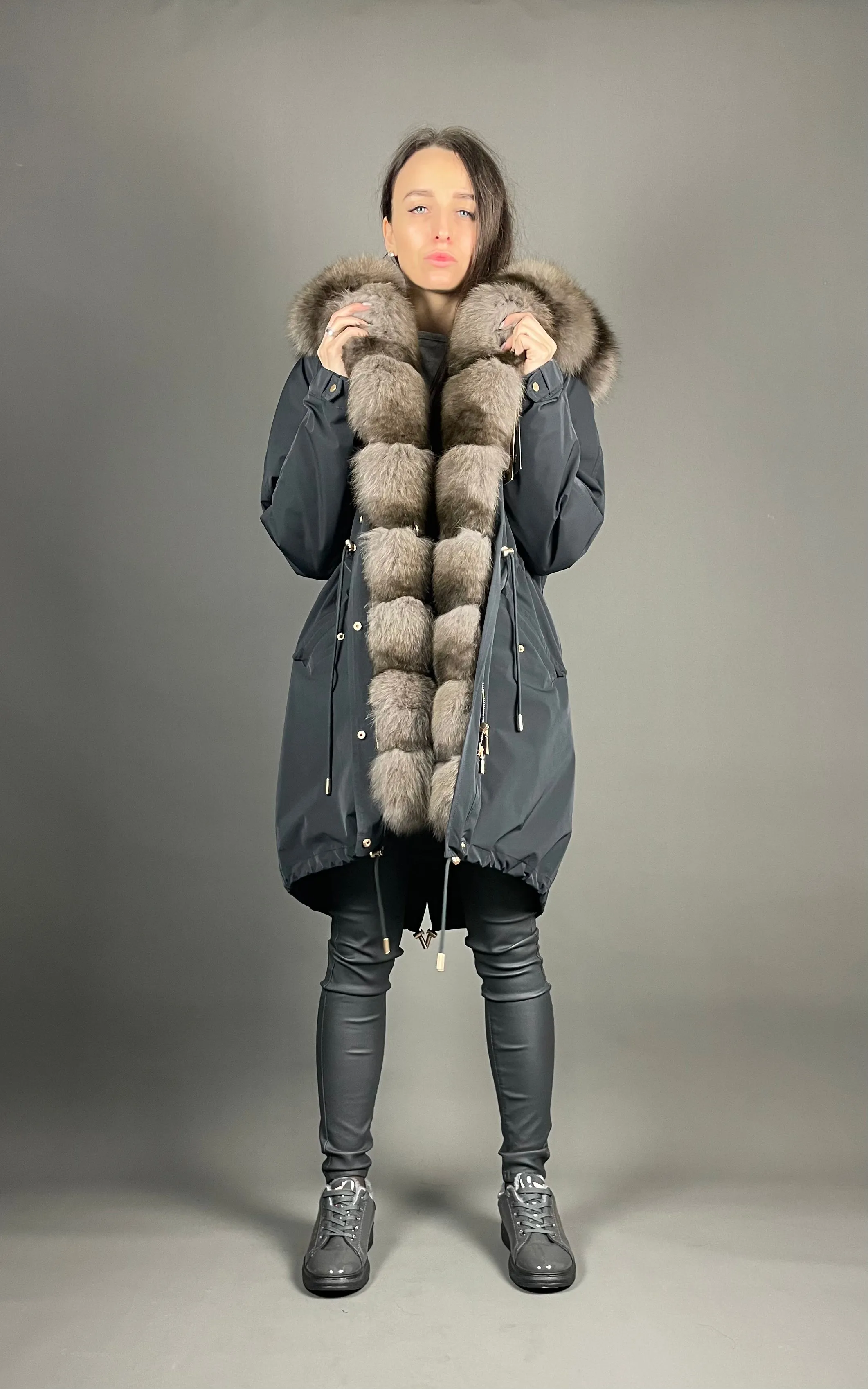 PARKA LUX Graphite with light brown Artic fur and lining Rex rabbuti fur for women 103 cm