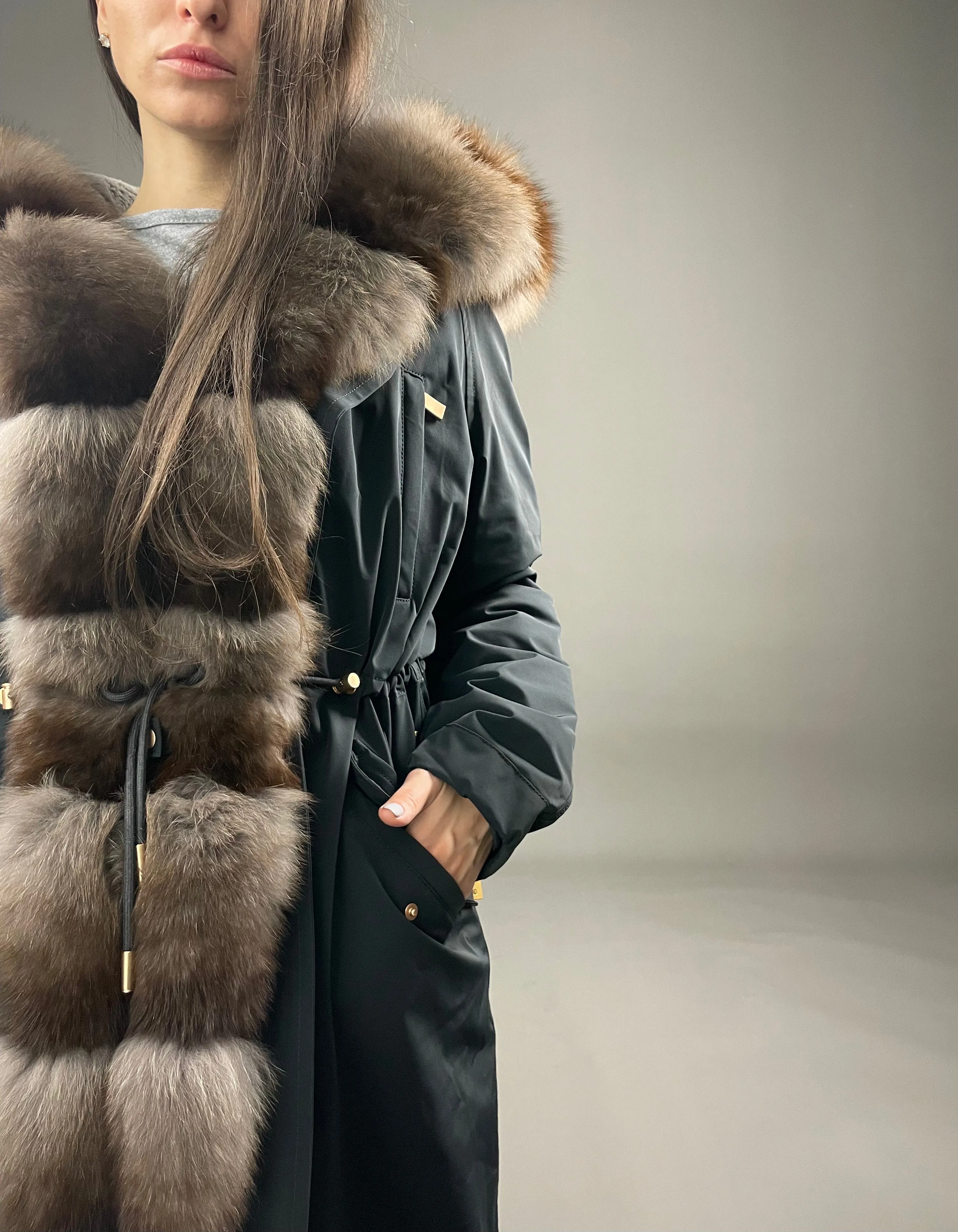 PARKA LUX Graphite with light brown Artic fur and lining Rex rabbuti fur for women 103 cm