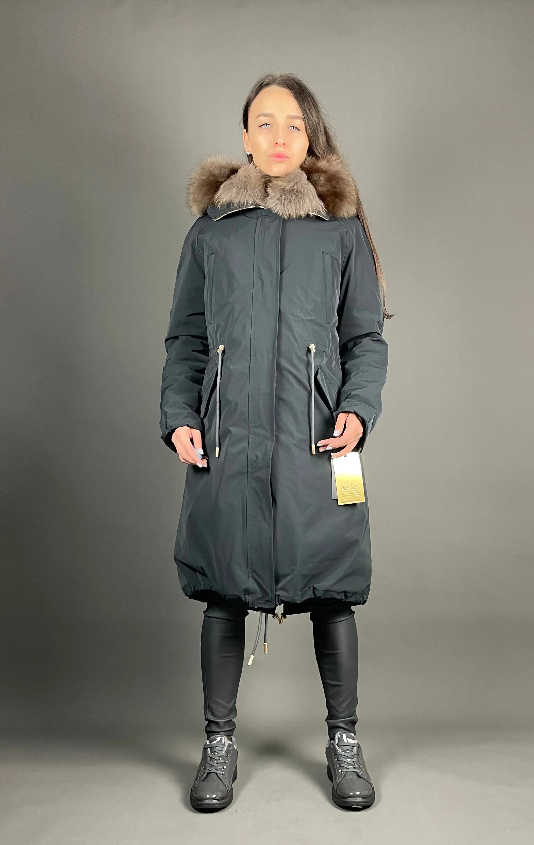 PARKA LUX Graphite with light brown Artic fur and lining Rex rabbuti fur for women 103 cm