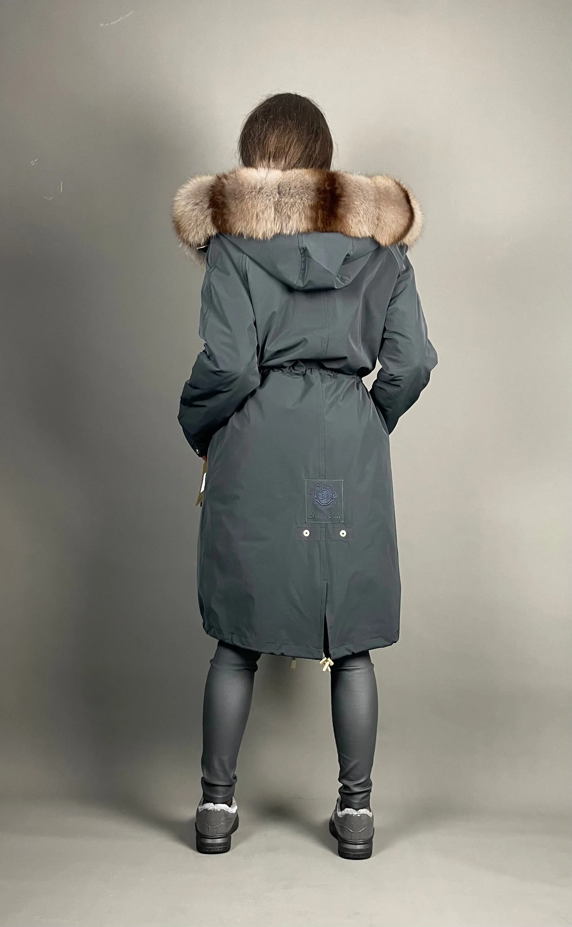 PARKA LUX Graphite with light brown Artic fur and lining Rex rabbuti fur for women 103 cm