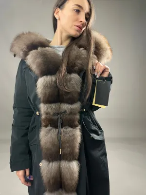 PARKA LUX Graphite with light brown Artic fur and lining Rex rabbuti fur for women 103 cm