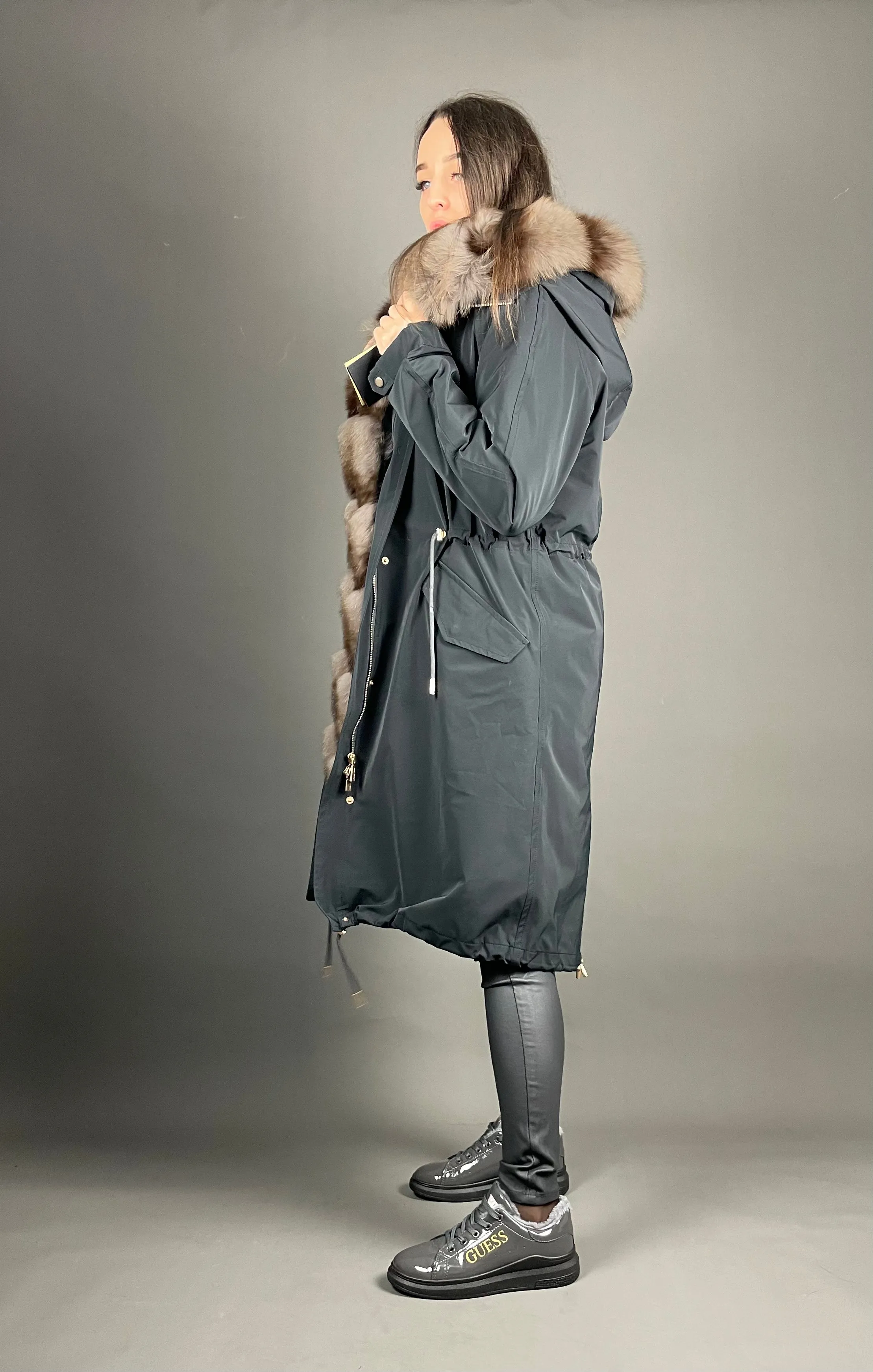 PARKA LUX Graphite with light brown Artic fur and lining Rex rabbuti fur for women 103 cm