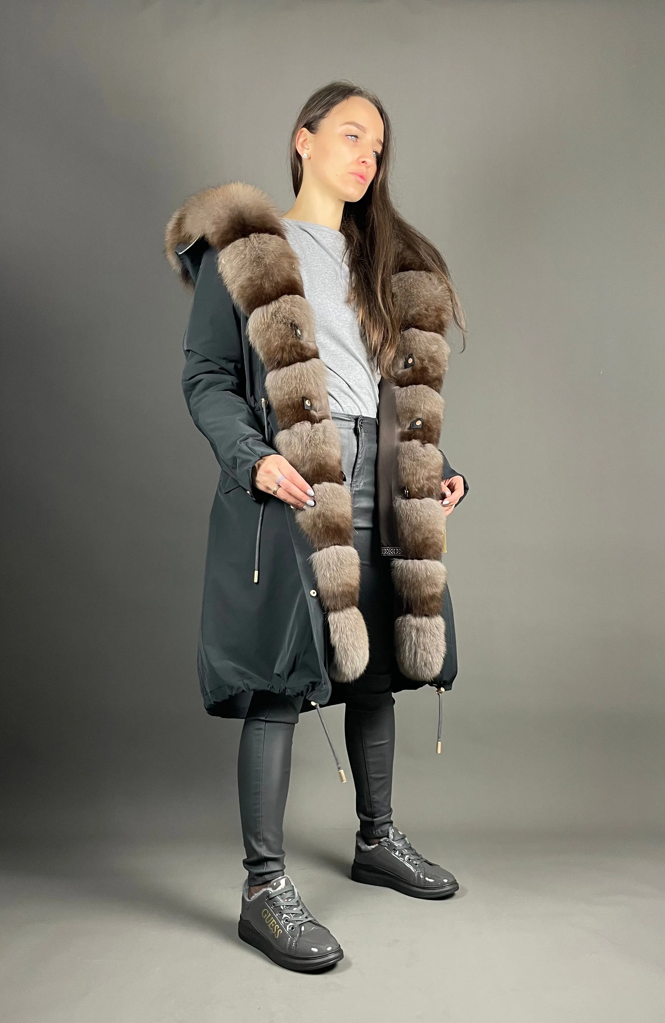 PARKA LUX Graphite with light brown Artic fur and lining Rex rabbuti fur for women 103 cm