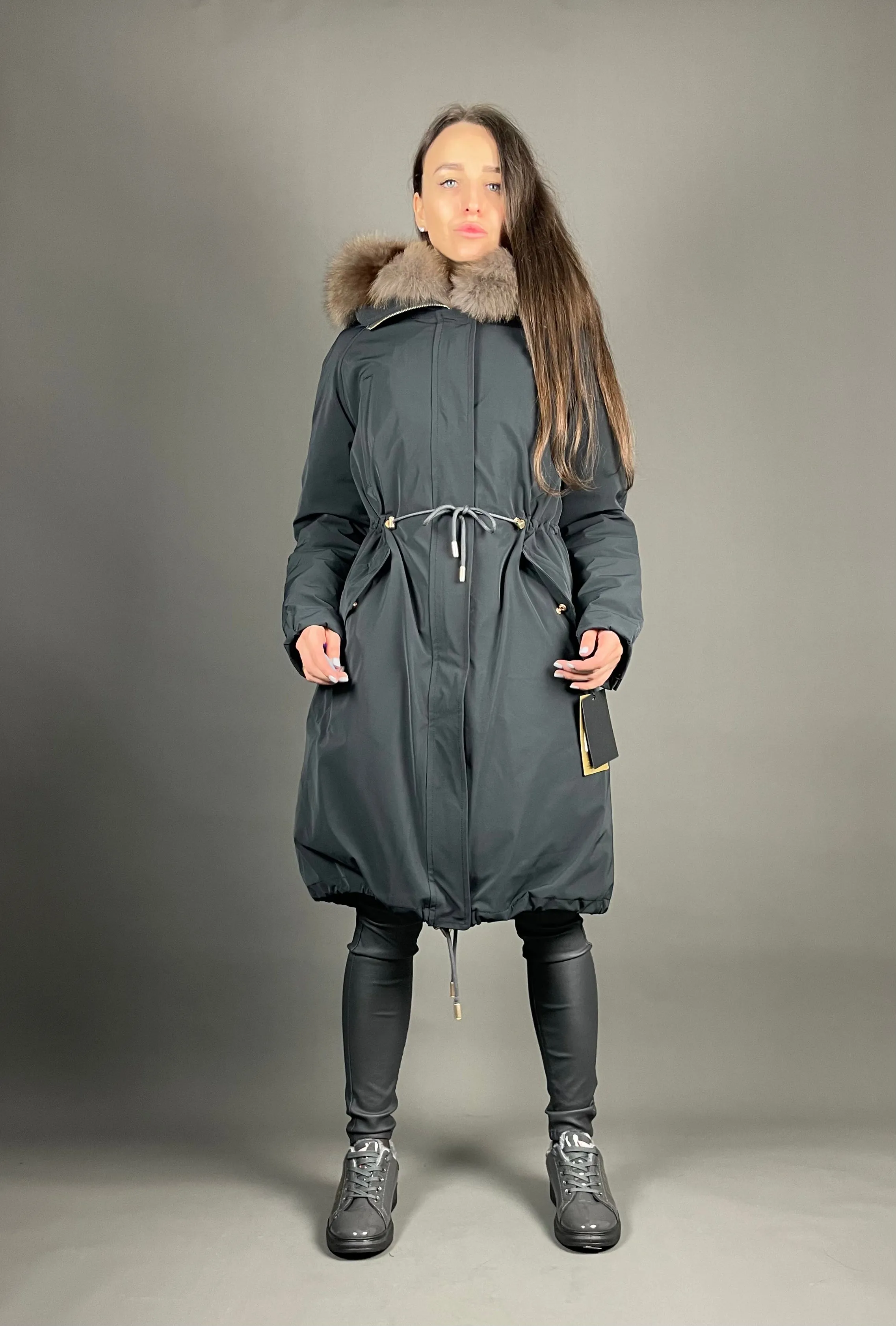 PARKA LUX Graphite with light brown Artic fur and lining Rex rabbuti fur for women 103 cm