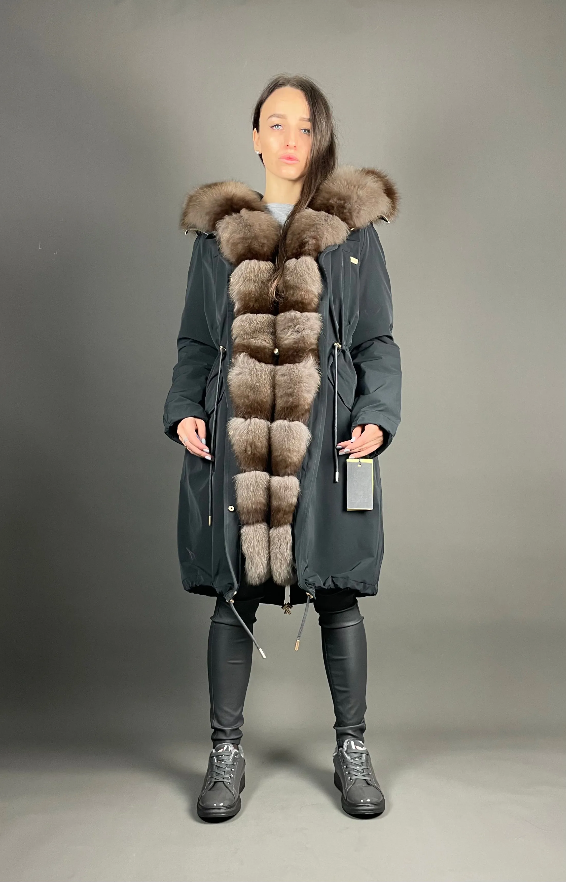 PARKA LUX Graphite with light brown Artic fur and lining Rex rabbuti fur for women 103 cm
