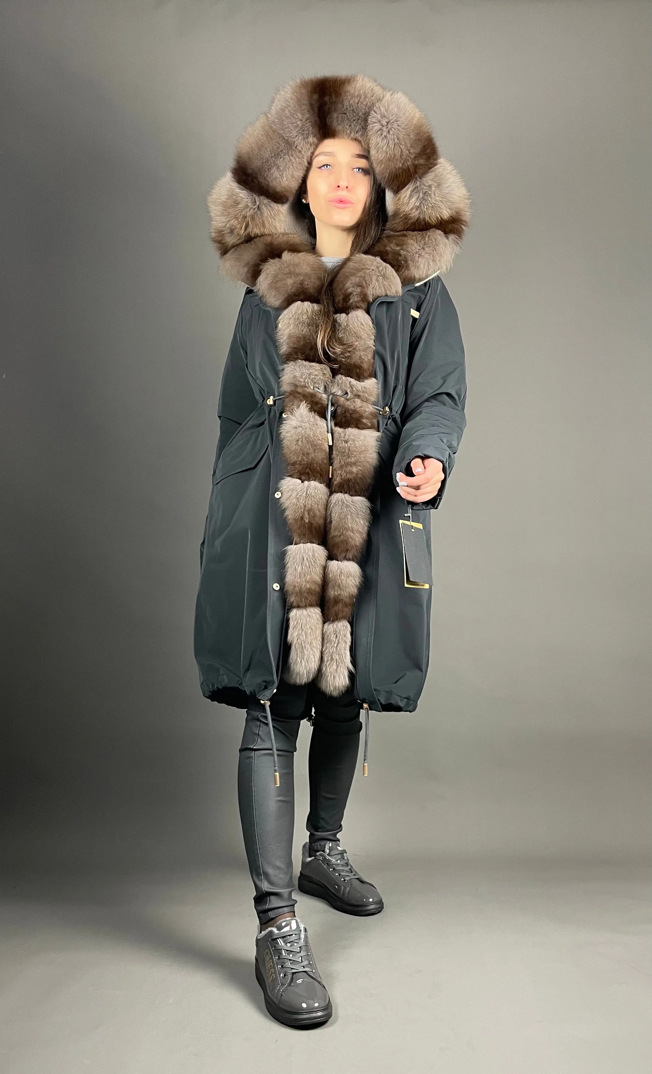 PARKA LUX Graphite with light brown Artic fur and lining Rex rabbuti fur for women 103 cm