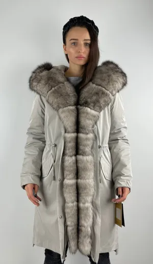 Parka LUX Light Grey (222) with white-black fur (M16) / Rex for women 95 cm