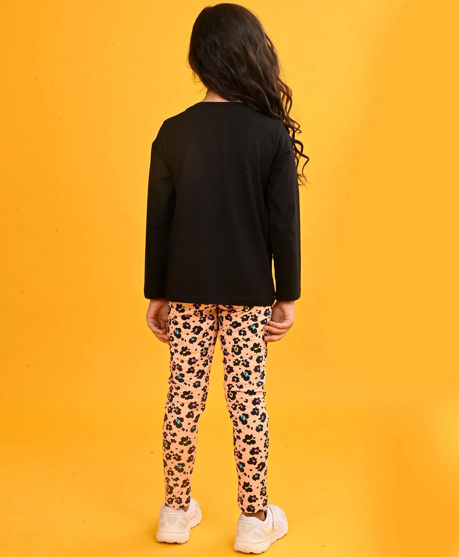 PLANET BLACK LONG SLEEVES GIRLS T-SHIRT LEOPARD PEACH LEGGING SET - BLACK/PEACH