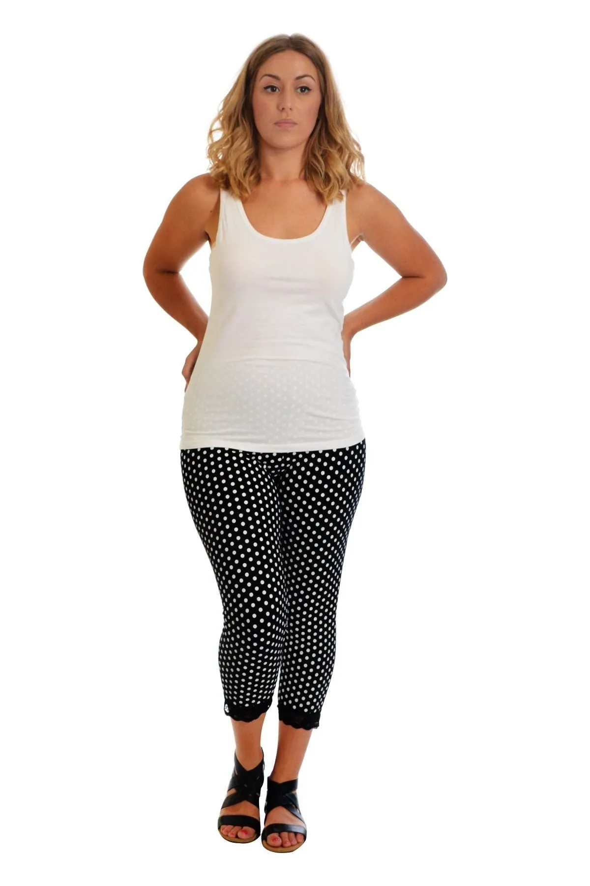 Plus Size Cropped Polka Dot Lace Trim Leggings