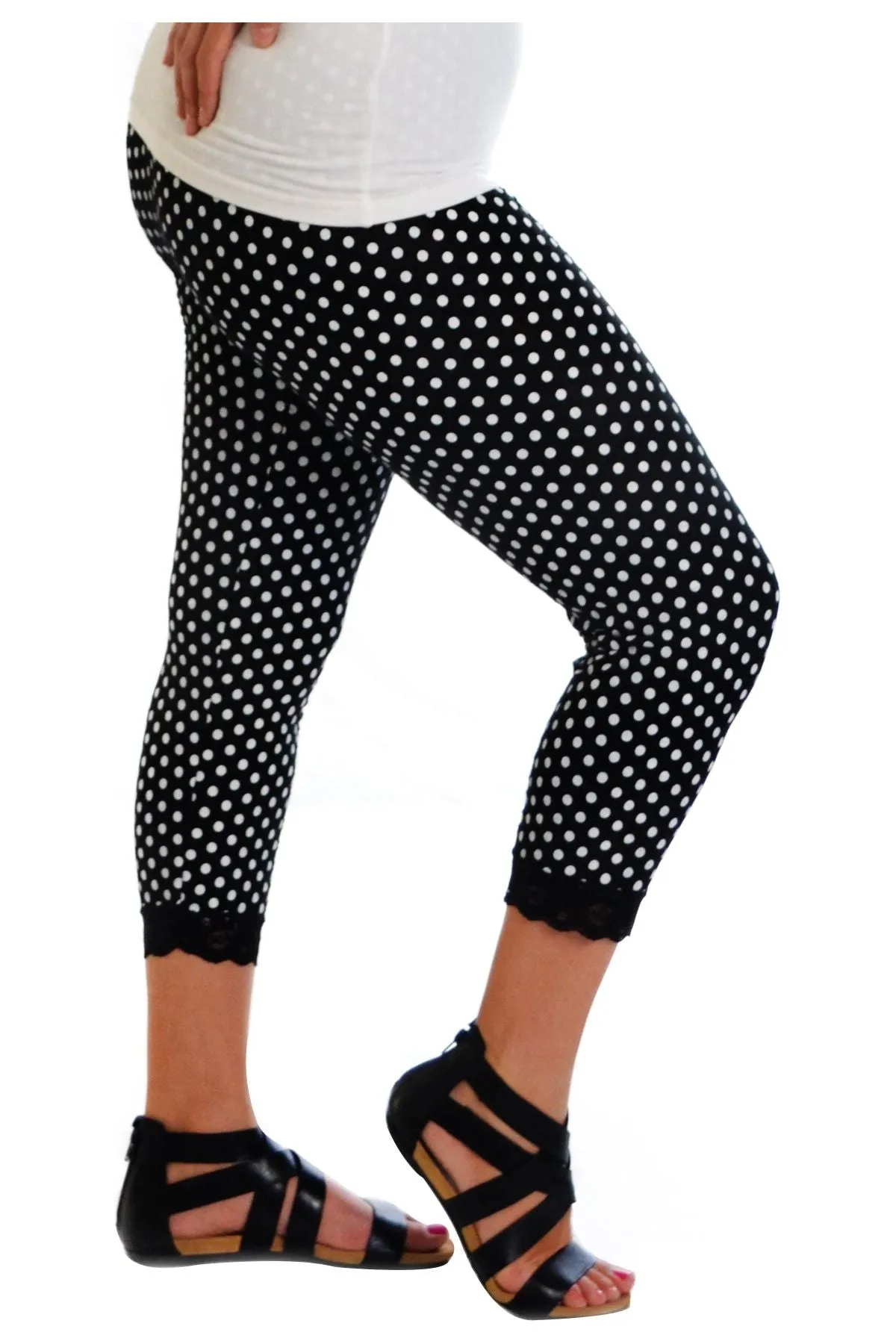 Plus Size Cropped Polka Dot Lace Trim Leggings