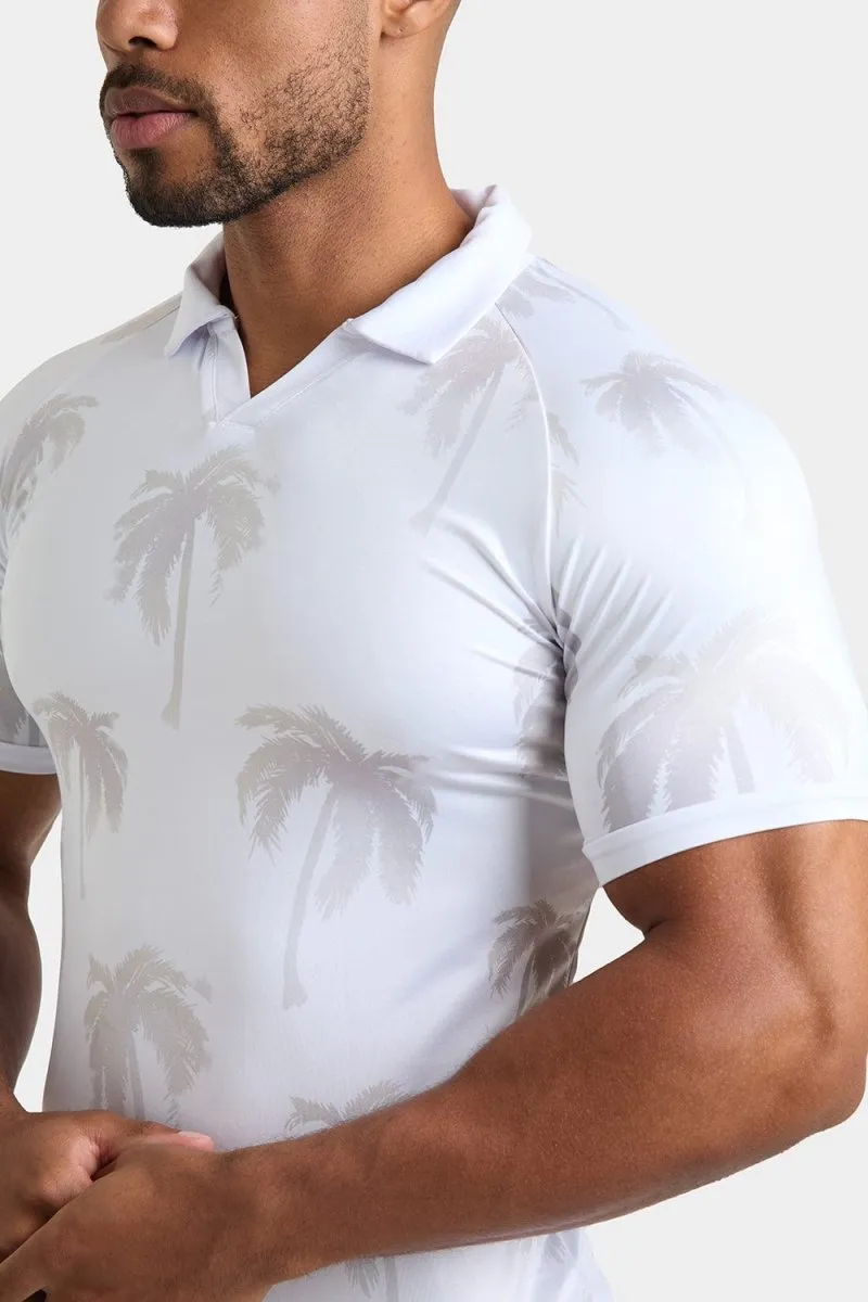 Printed Polo Shirt in White Faded Palms