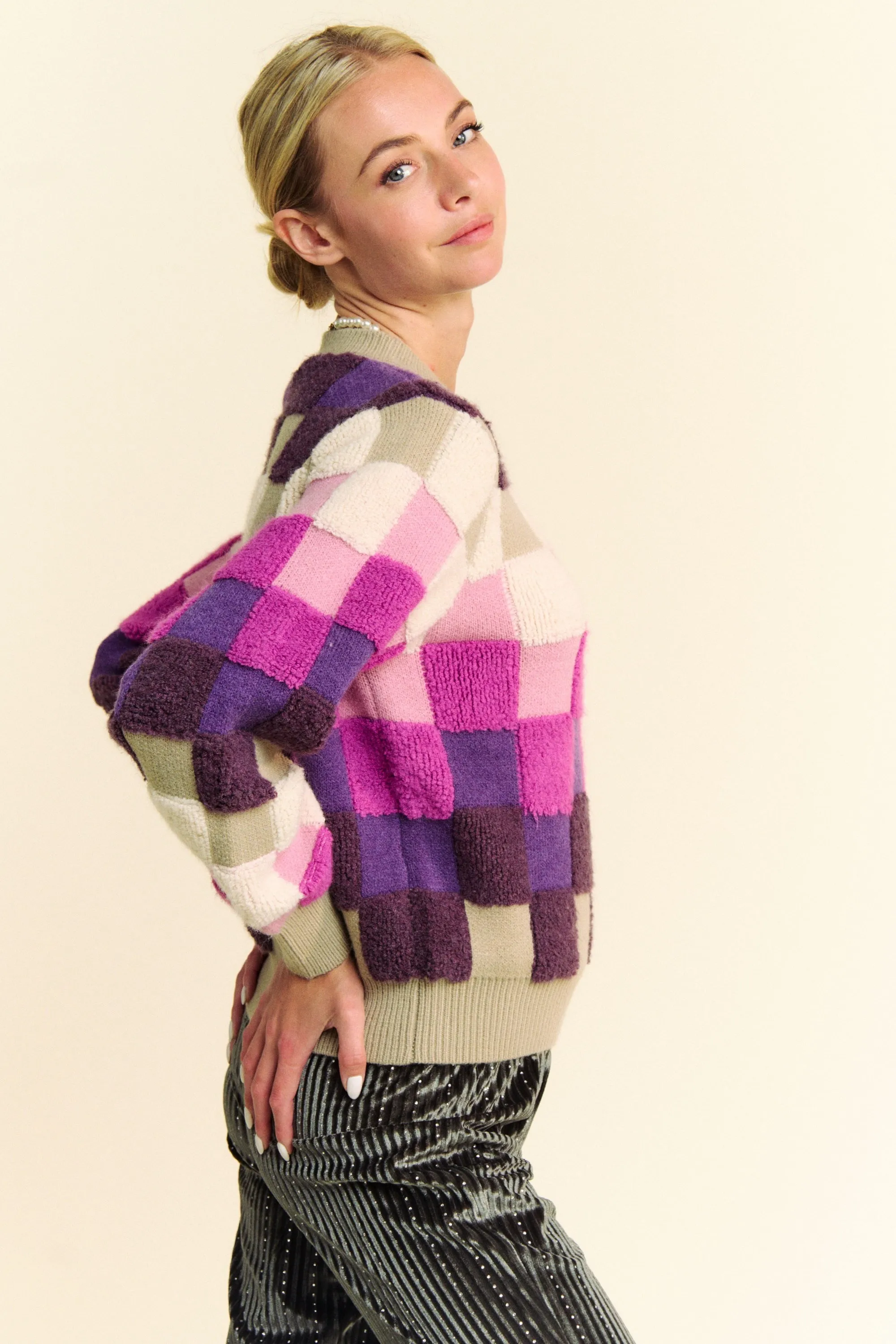 Purple Checkered Round Neck Long Sleeve Sweater