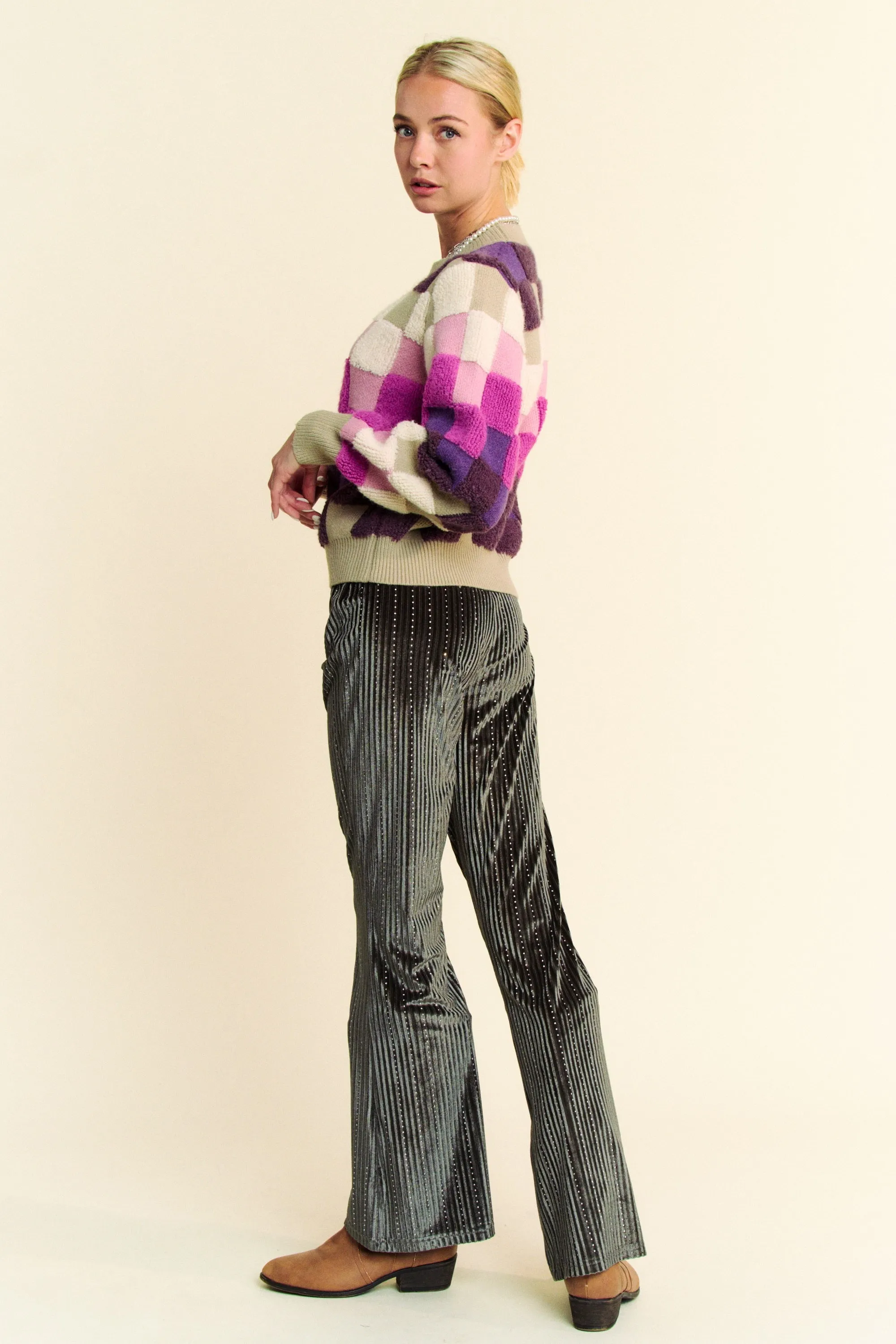 Purple Checkered Round Neck Long Sleeve Sweater