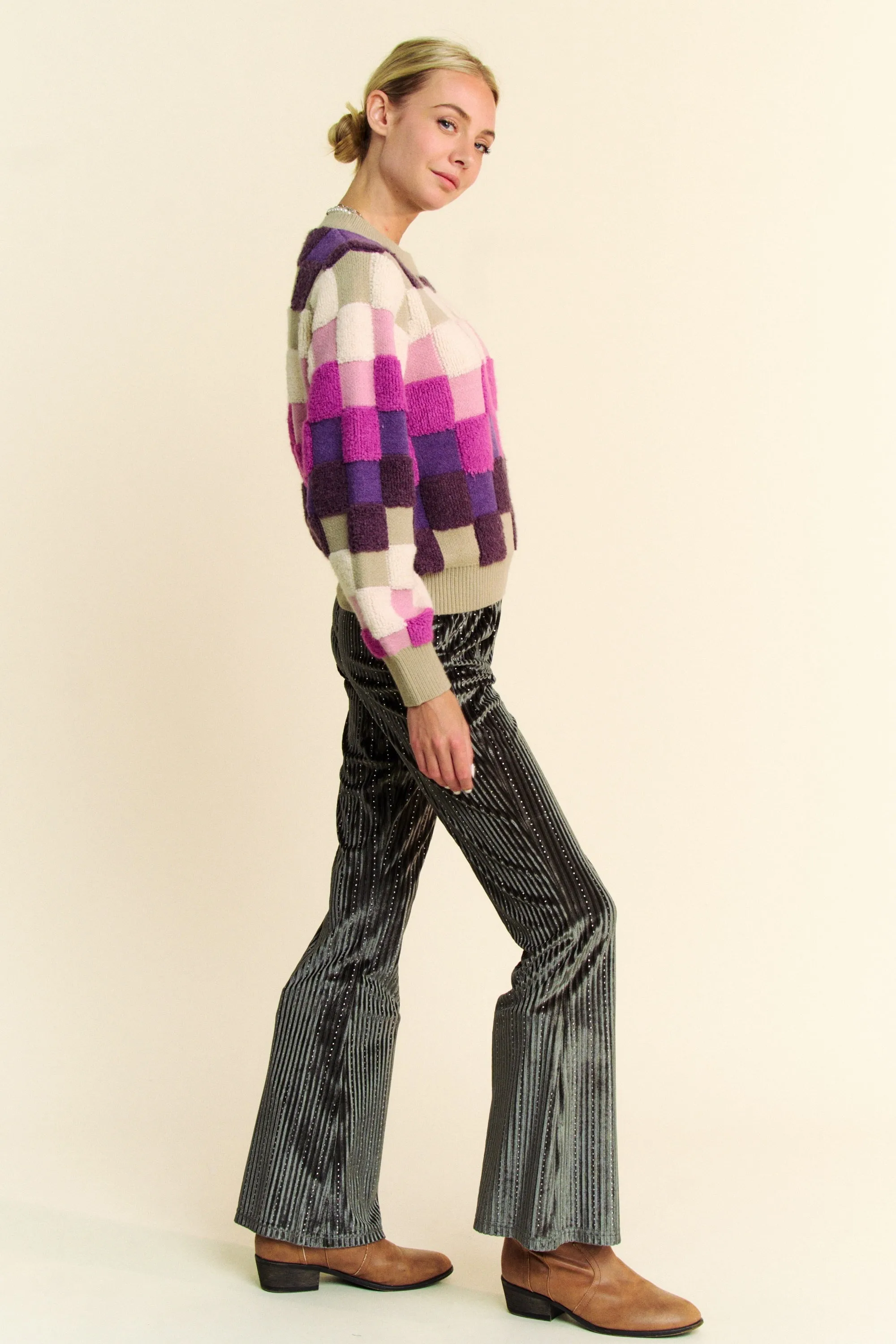 Purple Checkered Round Neck Long Sleeve Sweater