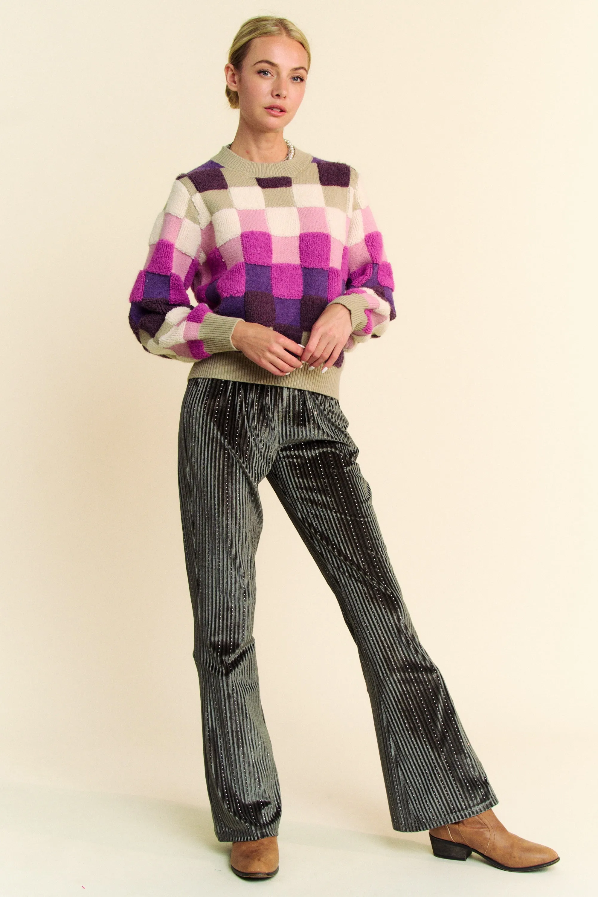 Purple Checkered Round Neck Long Sleeve Sweater