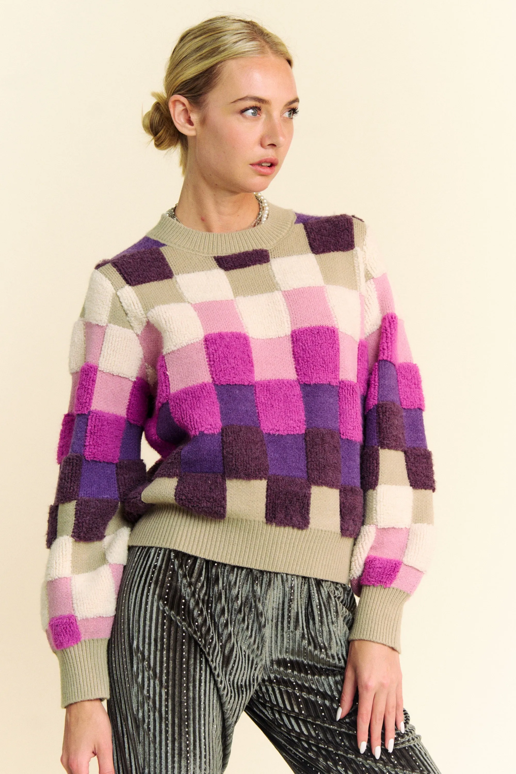 Purple Checkered Round Neck Long Sleeve Sweater