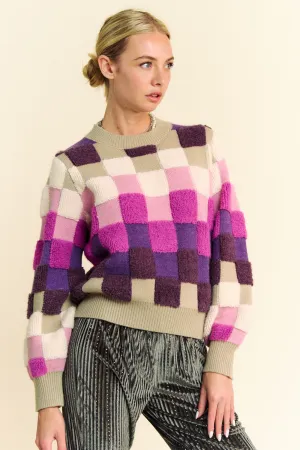 Purple Checkered Round Neck Long Sleeve Sweater