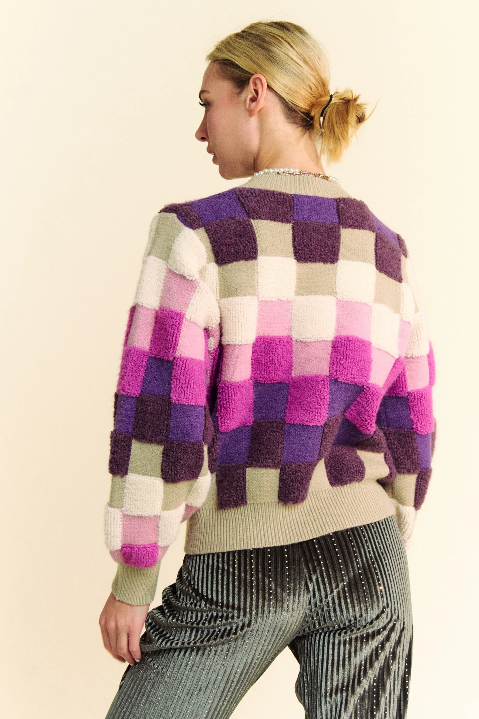 Purple Checkered Round Neck Long Sleeve Sweater