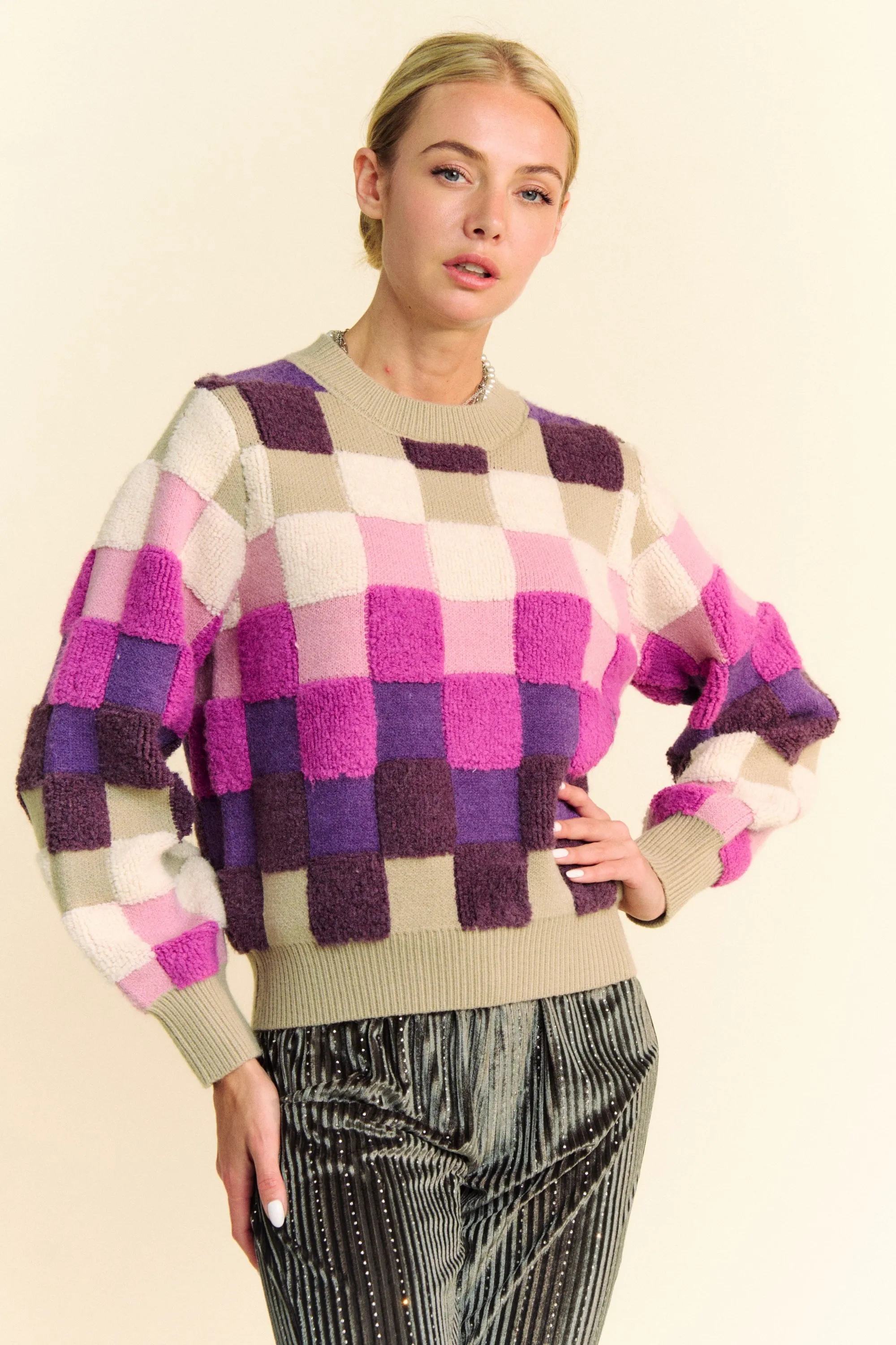 Purple Checkered Round Neck Long Sleeve Sweater