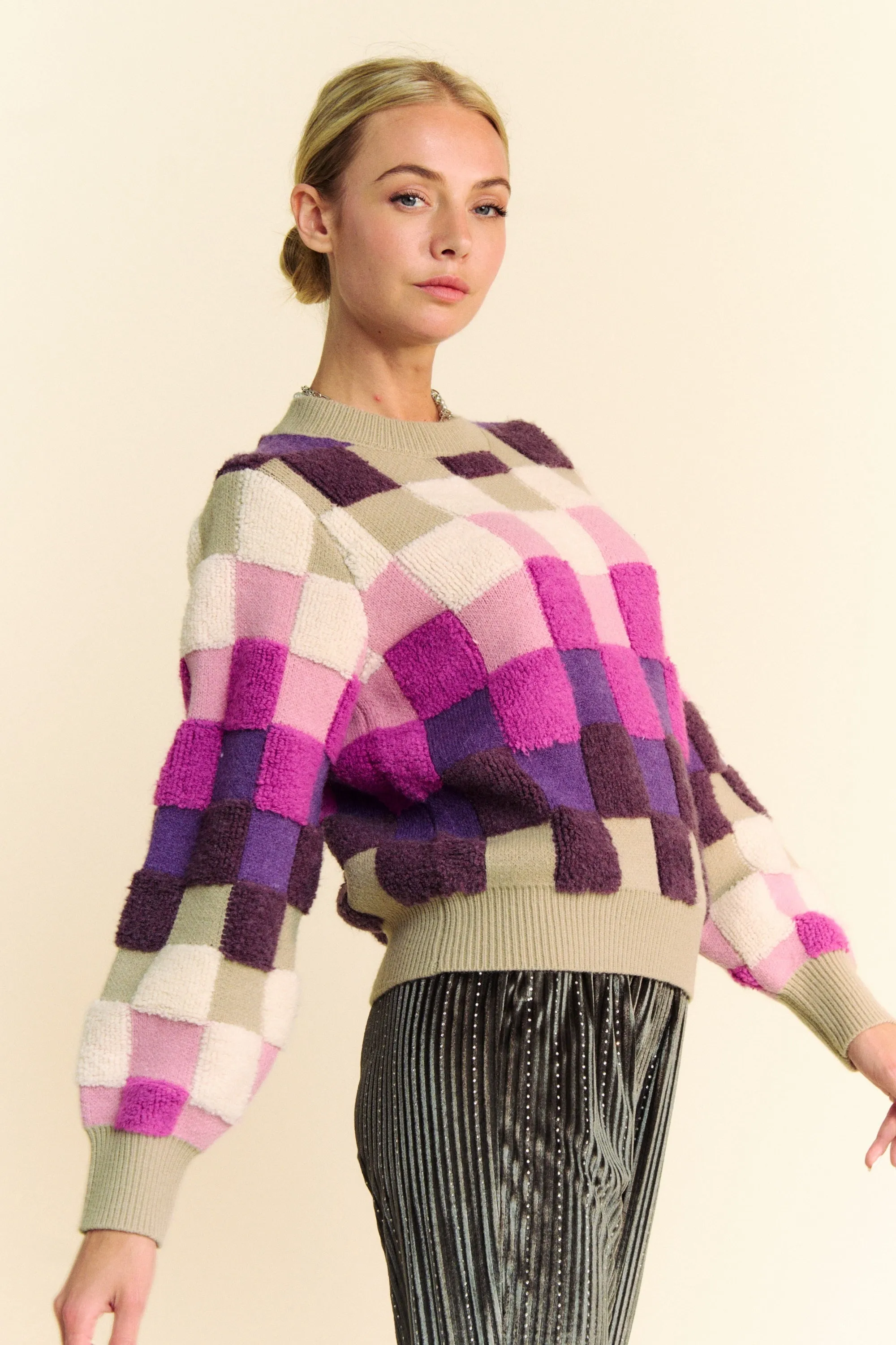 Purple Checkered Round Neck Long Sleeve Sweater
