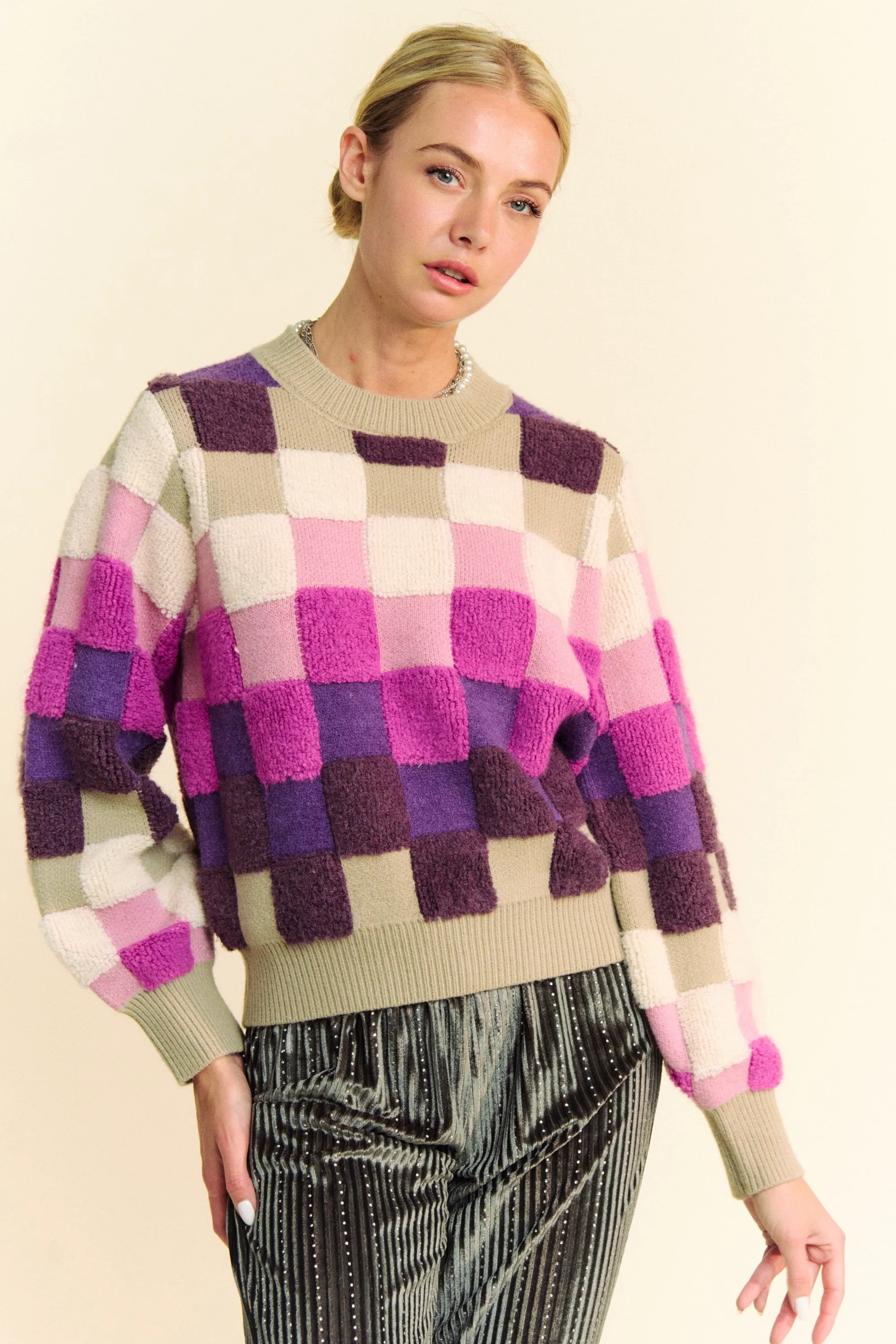 Purple Checkered Round Neck Long Sleeve Sweater
